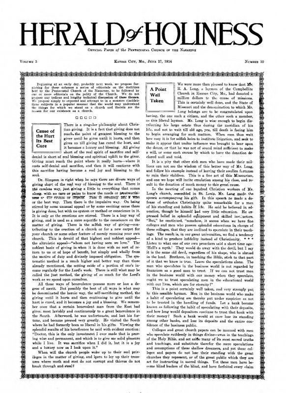 Title Page of Herald of Holiness - June 17, 1914