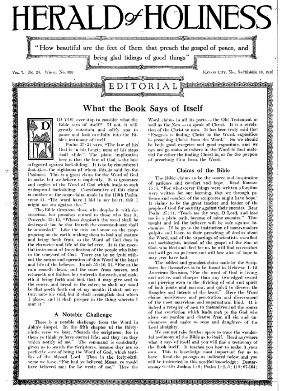 Title Page of Herald of Holiness – September 18, 1918