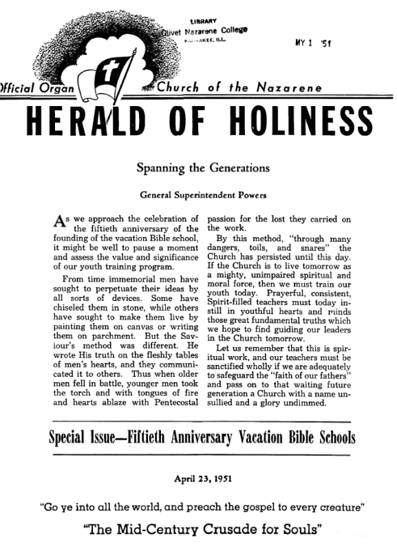 Title Page of Herald of Holiness - April 23, 1951
