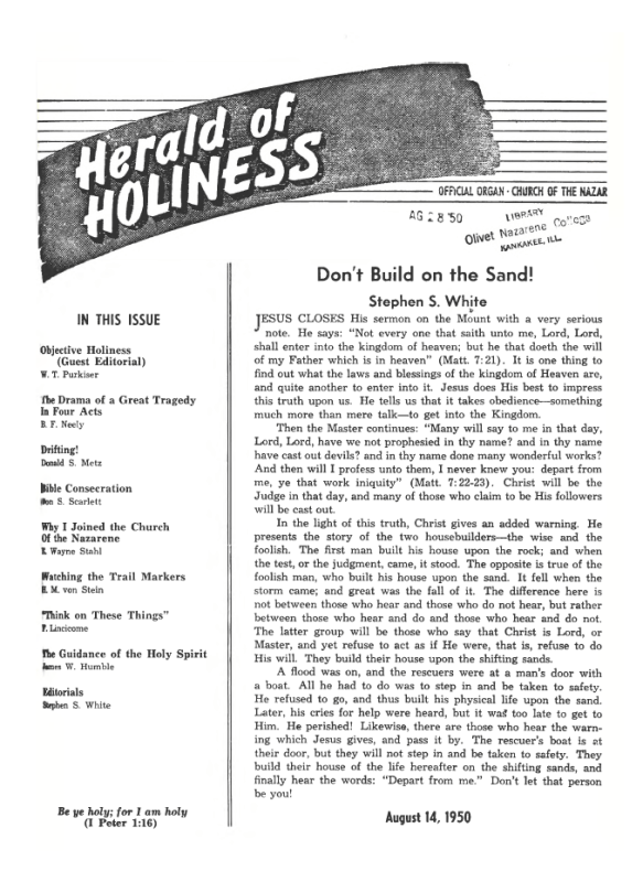 Cover page of Herald of Holiness - August 14, 1950