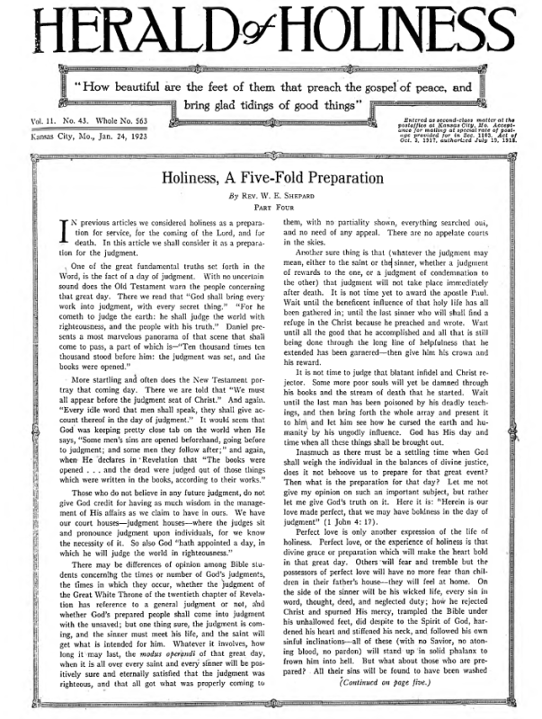 Front page of Herald of Holiness - January 24, 1923