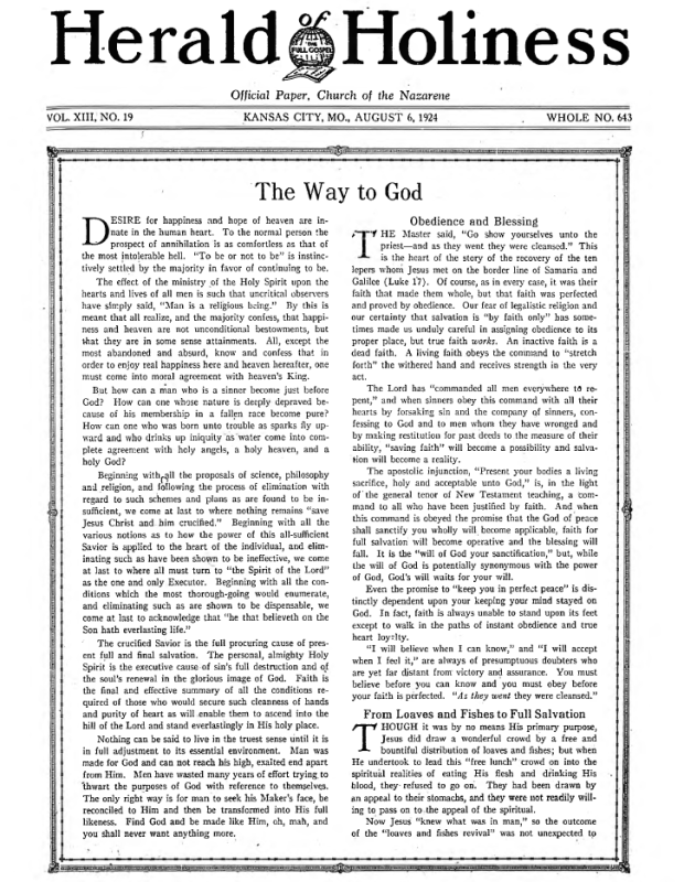 Front page of Herald of Holiness - August 6, 1924