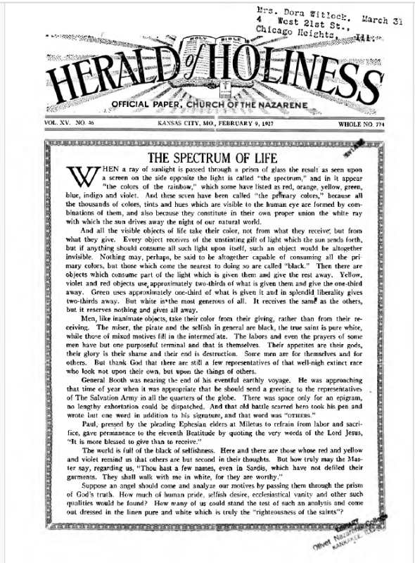 Front page of Herald of Holiness - February 9, 1927
