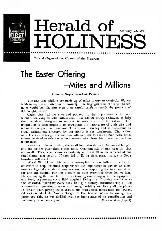 Herald of Holiness - February 22, 1961