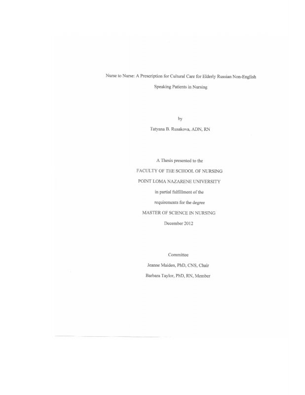 Nurse to Nurse: A Prescription for Cultural Care for Elderly Russian Non-English Speaking Patients in Nursing